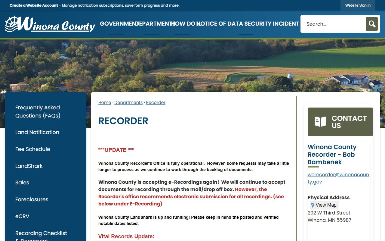 Recorder page with recorder contact, e-recording, LandShark, payments, Land Notification, and research hours.
