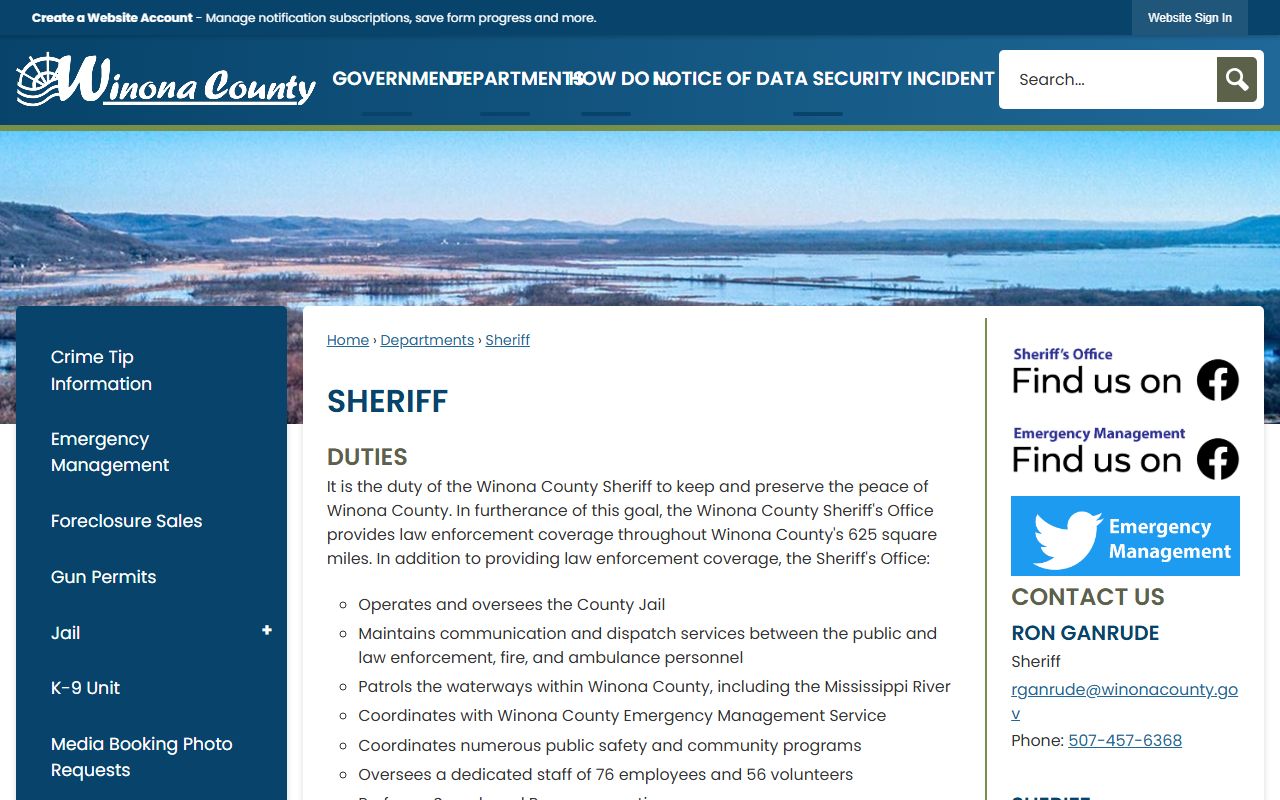 Winona County Sheriff page with sheriff office navigation and duties.