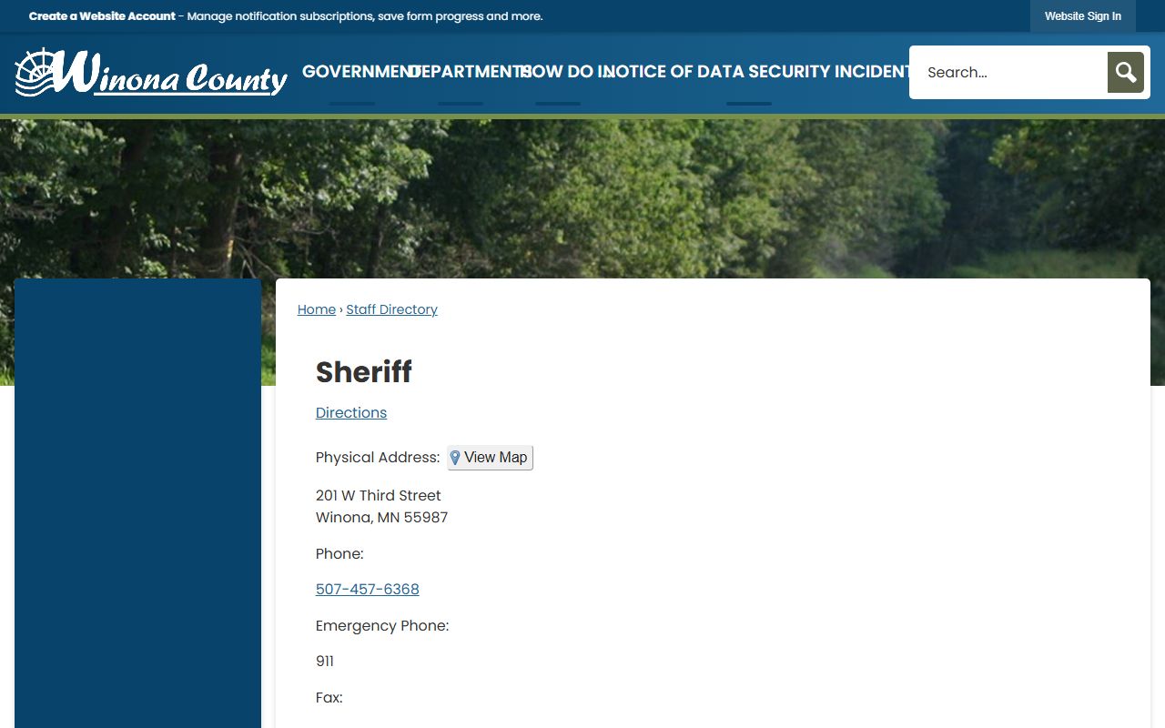 Sheriff staff directory listing Sheriff Ron Ganrude, address, office phone, emergency phone, fax, and lobby hours.