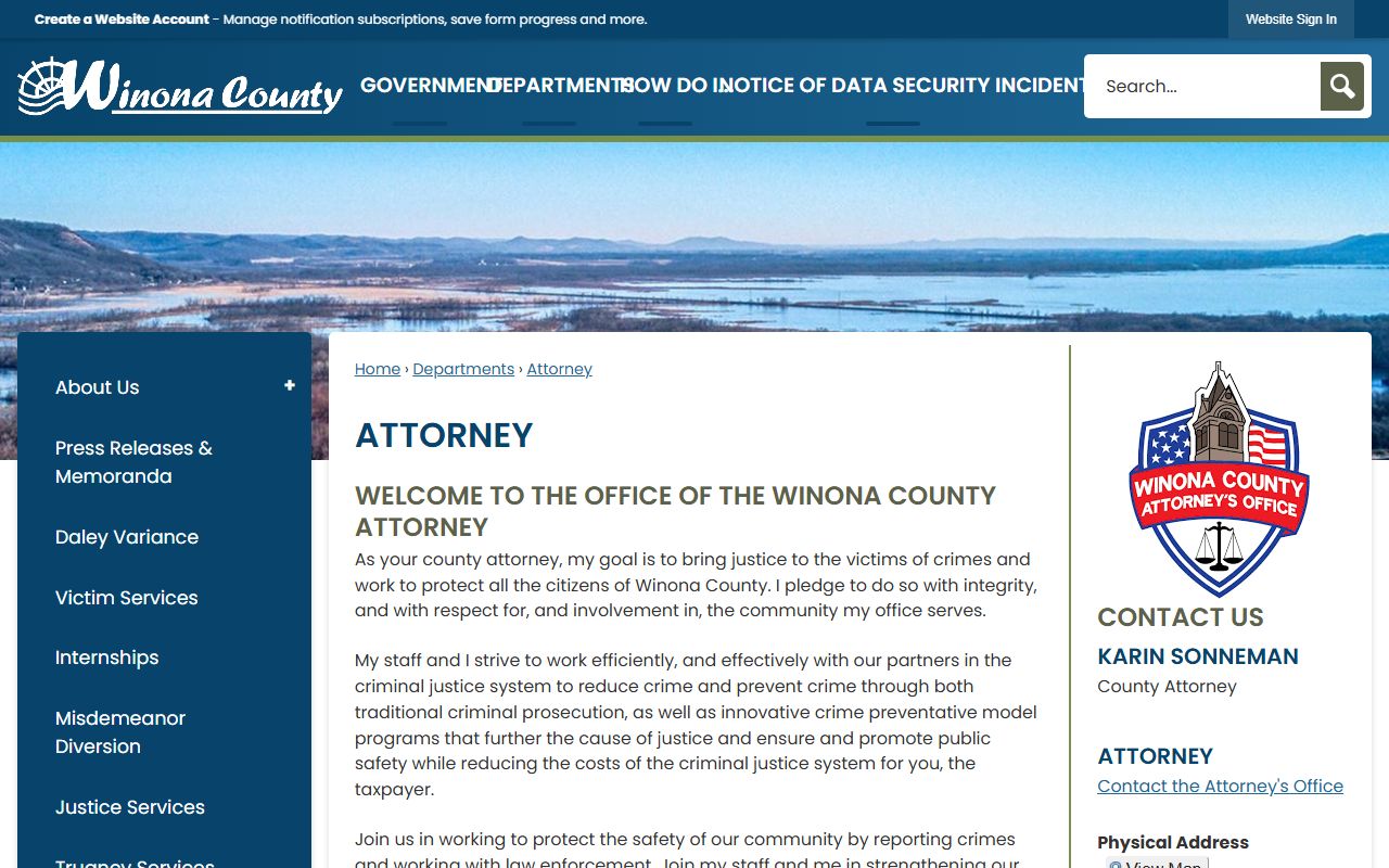 Winona County Attorney page with contact block and office overview.