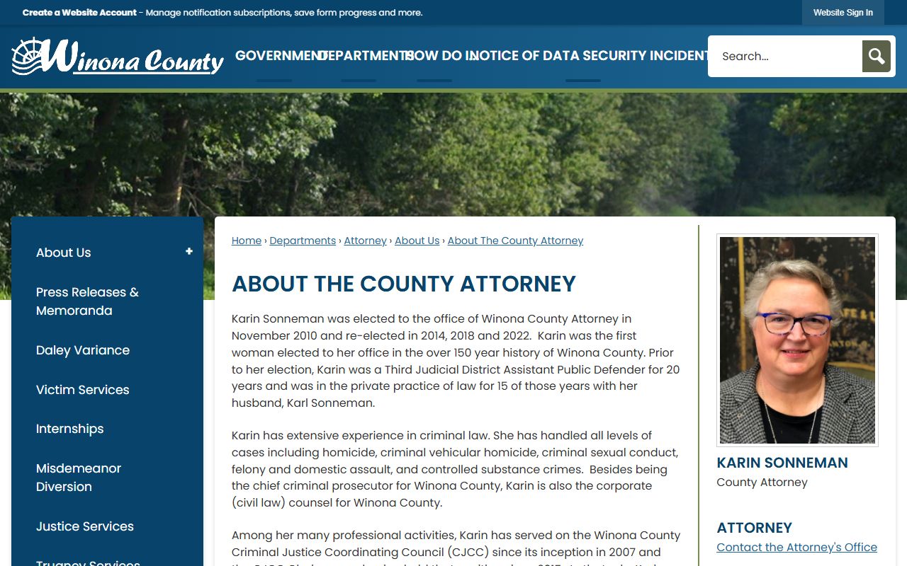 County Attorney Karin Sonneman bio and election history.