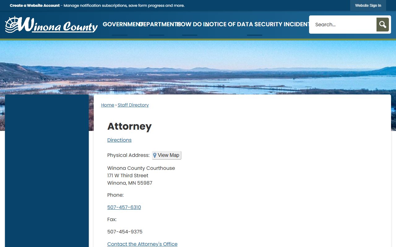 County Attorney staff directory listing address, phone, fax, county attorney, and victim services contact.