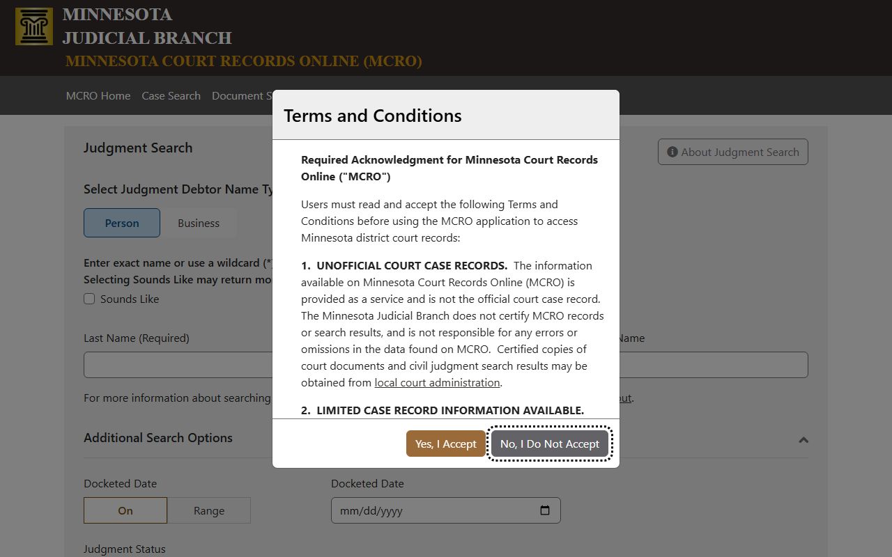 Winona County court records MCRO judgment search interface