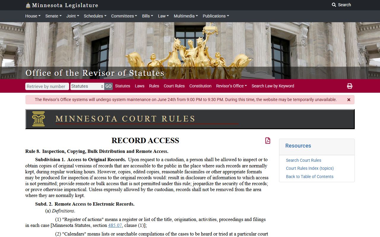 Winona County court records Minnesota Rules of Public Access Rule 8
