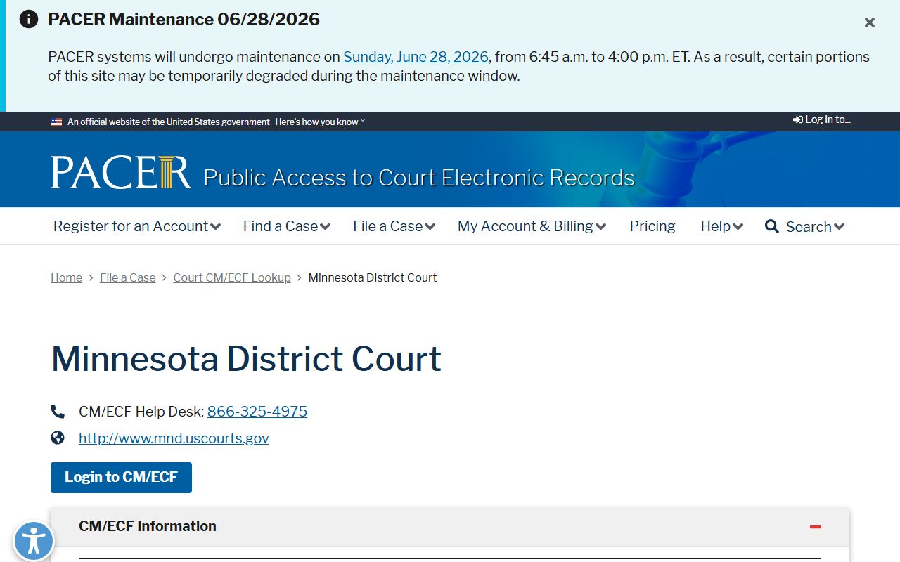 PACER CM/ECF lookup for Minnesota Bankruptcy Court.
