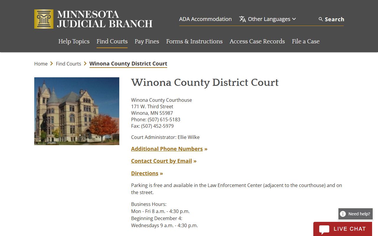 Winona County court records District Court page