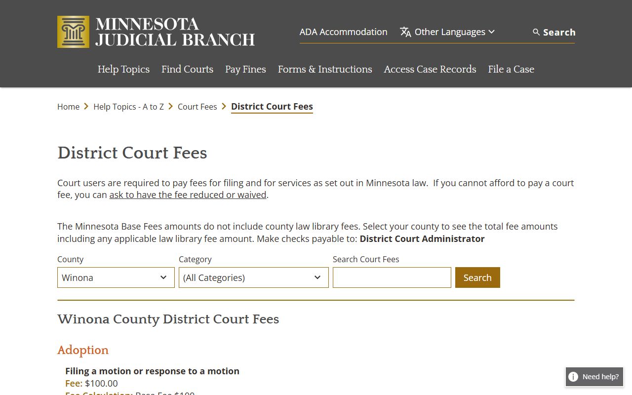 Winona County court records fee schedule
