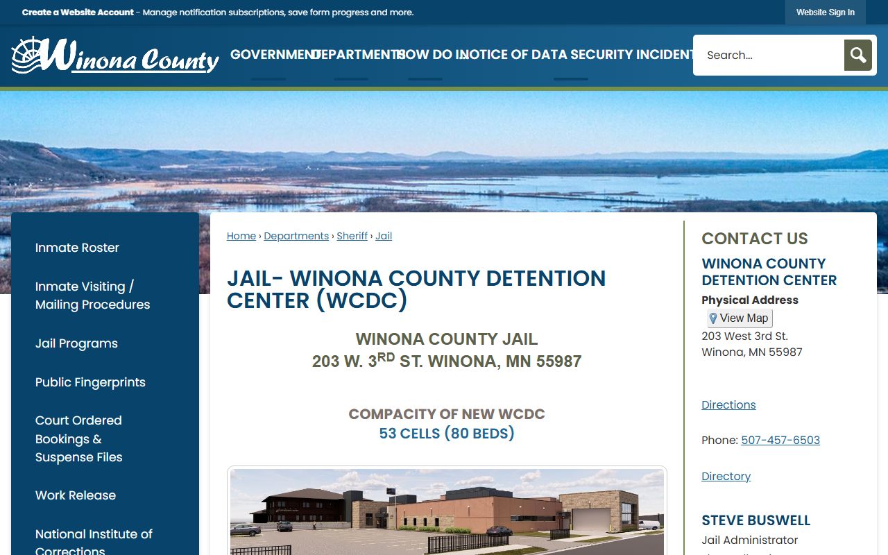Winona County Detention Center page with jail address, capacity, volunteer notice, fingerprinting and court-ordered booking notice, and phone.