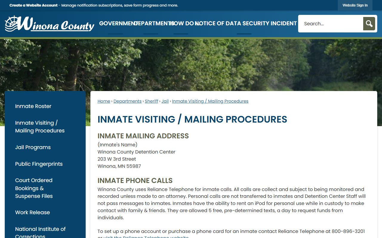 Jail visiting and mailing procedure page with inmate mailing address and Reliance Telephone call information.
