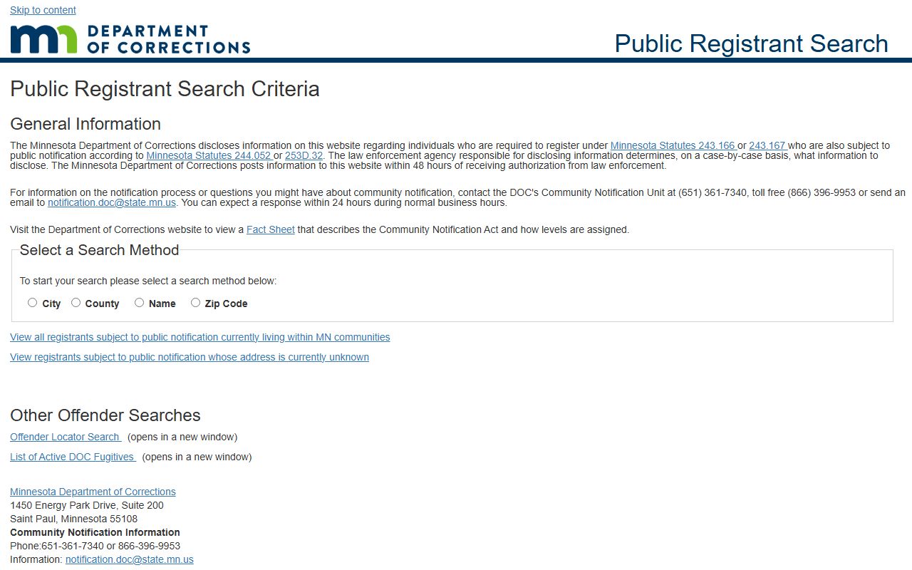 Minnesota DOC public registrant search for public-notification predatory offenders.