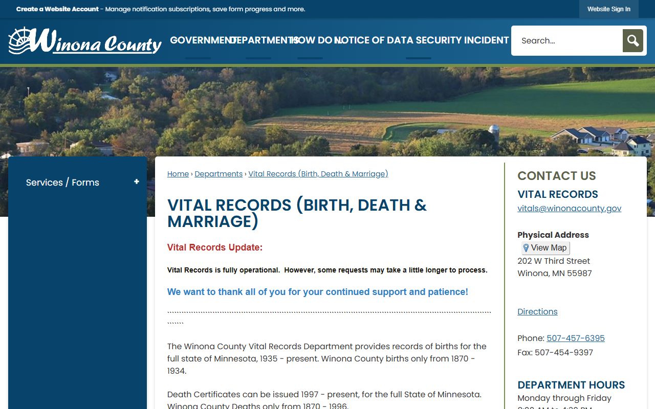 Winona County Vital Records page with birth, death, and marriage certificate coverage dates, address, phone, fax, and hours.