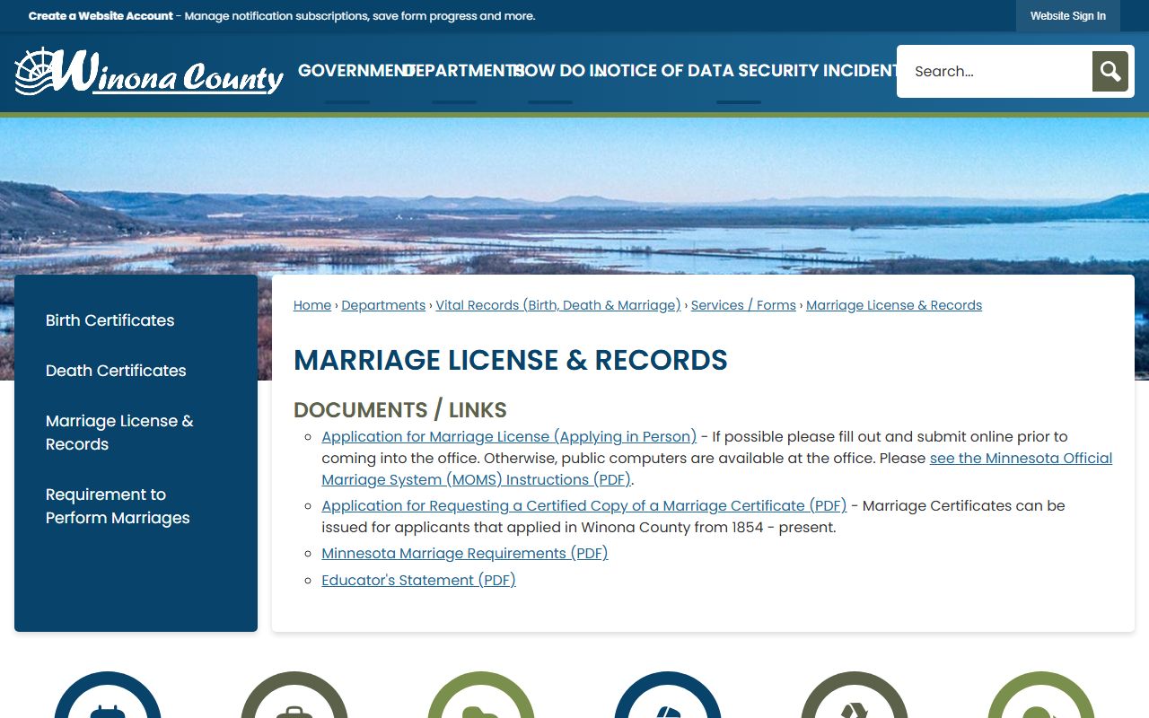 Marriage License & Records page with MOMS application link and certified marriage certificate application link.