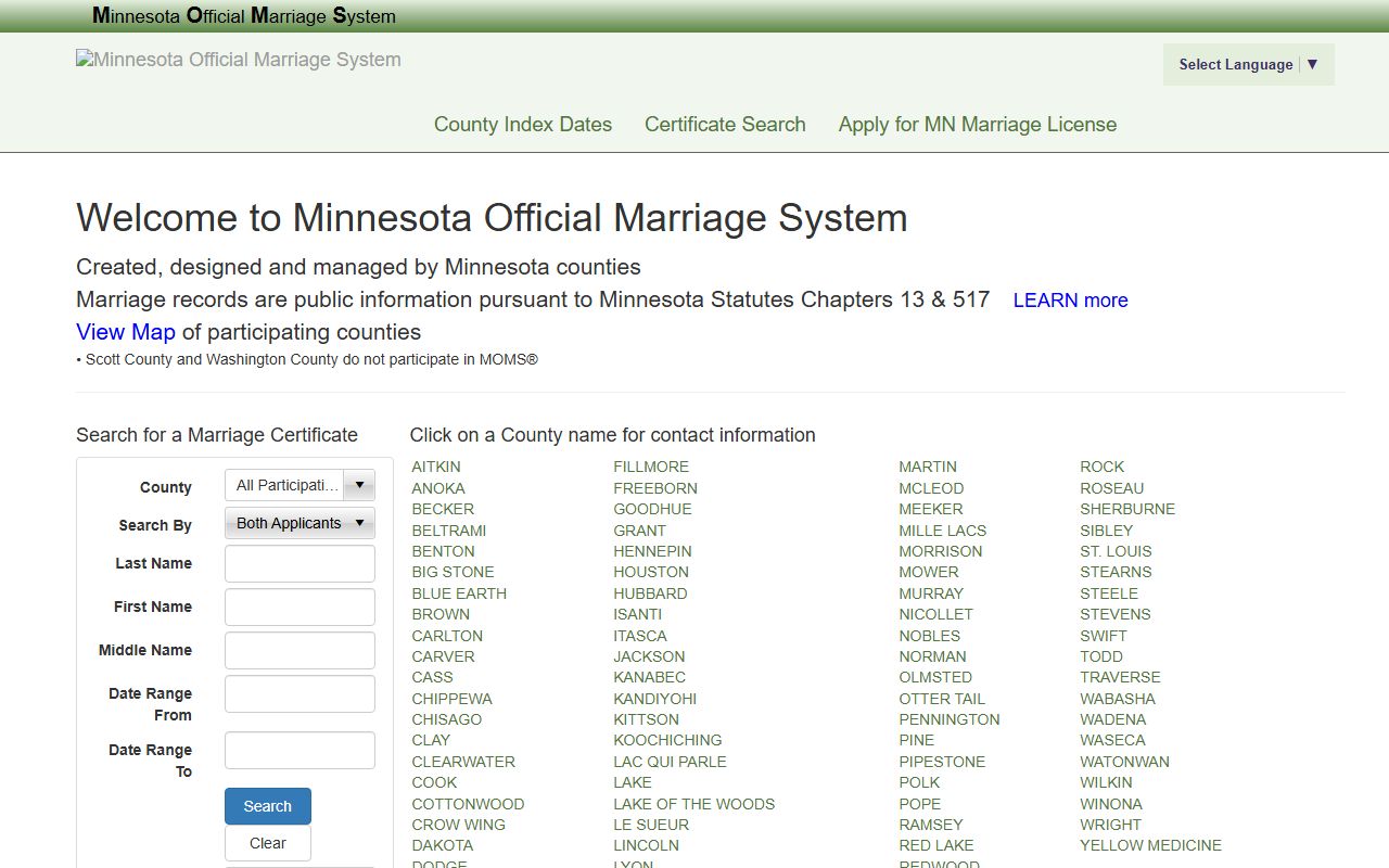 Marriage Divorce Records screenshot for the Minnesota Official Marriage System.