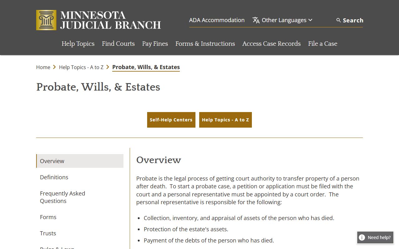 Minnesota Judicial Branch probate, wills, and estates help topic.