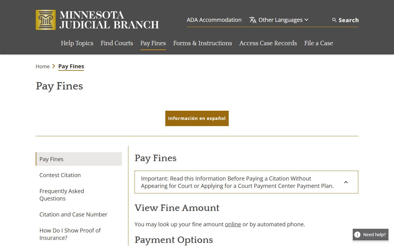 Minnesota Judicial Branch pay-fines page for citations, processing timing, and citation payment information.