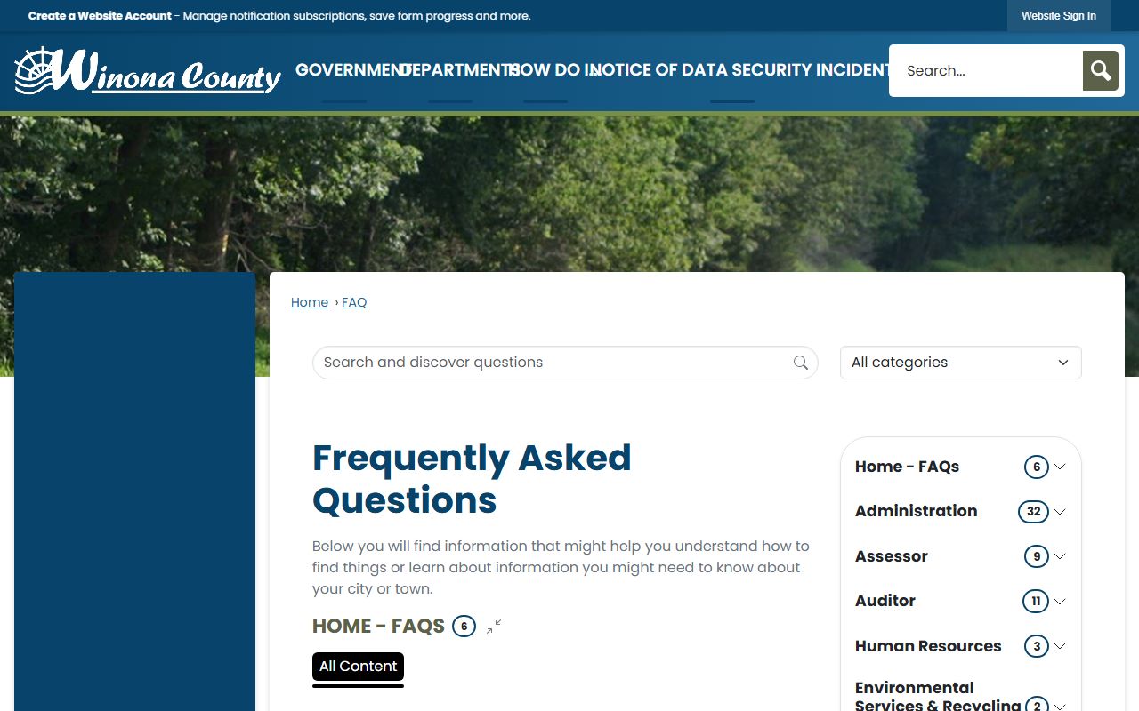 Winona County FAQ page with sheriff answers on ticket payments, bail or warrant satisfaction, records checks, civil division, restraining orders, fingerprints, and VINE.